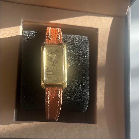 Gold-Toned Watch with Brown Leather Strap - Picture 1 of 4